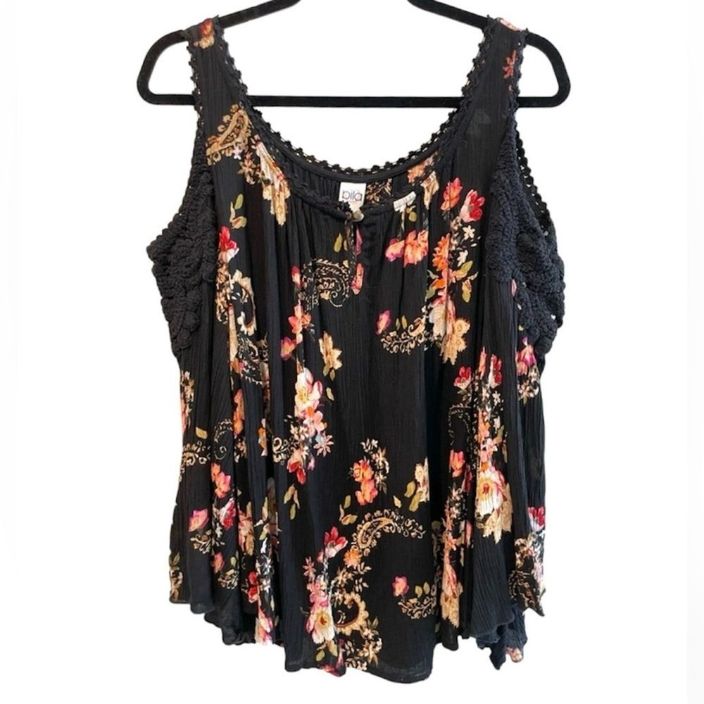 Bila Blouse Black Floral Paisley Boho Crochet Cold Shoulder Women Large